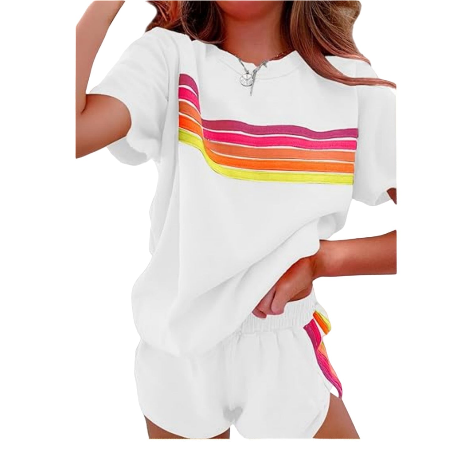 Dame afslappet fritids-sæt med stribet T-shirt og shorts Stilla