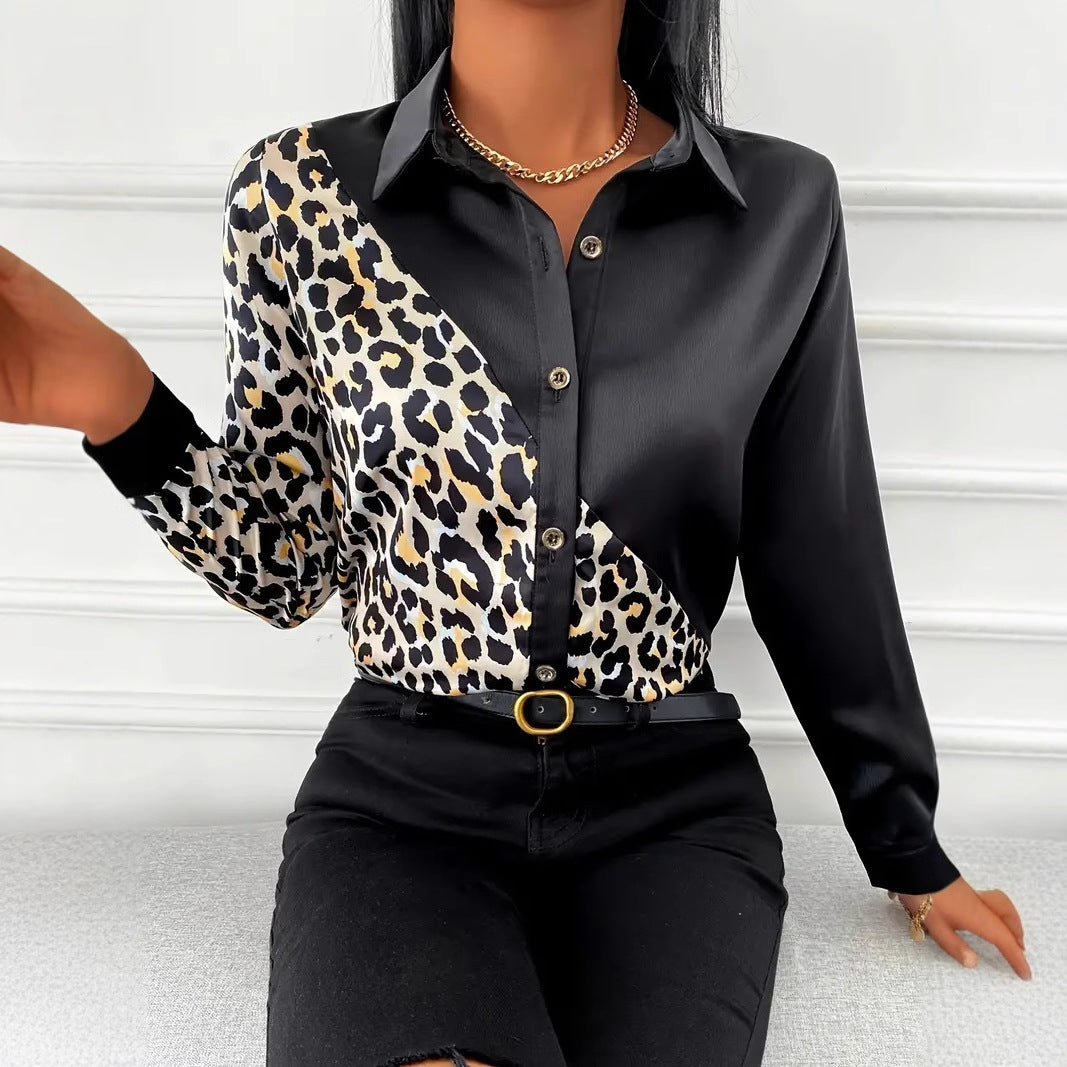 Dame elegant bluse med mode leopardmønster og smart knapdetalje Stilla