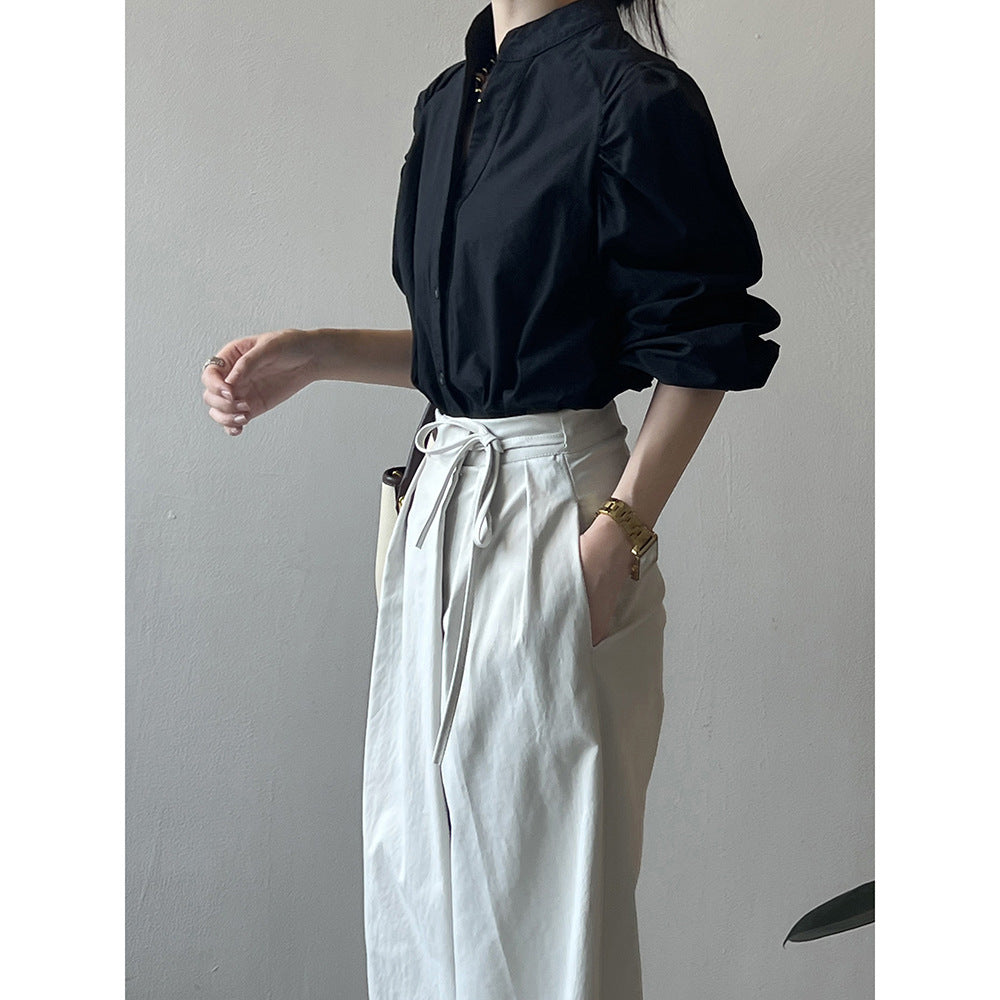 Dame elegant Bluse med pufærmer og ståkrave Stilla