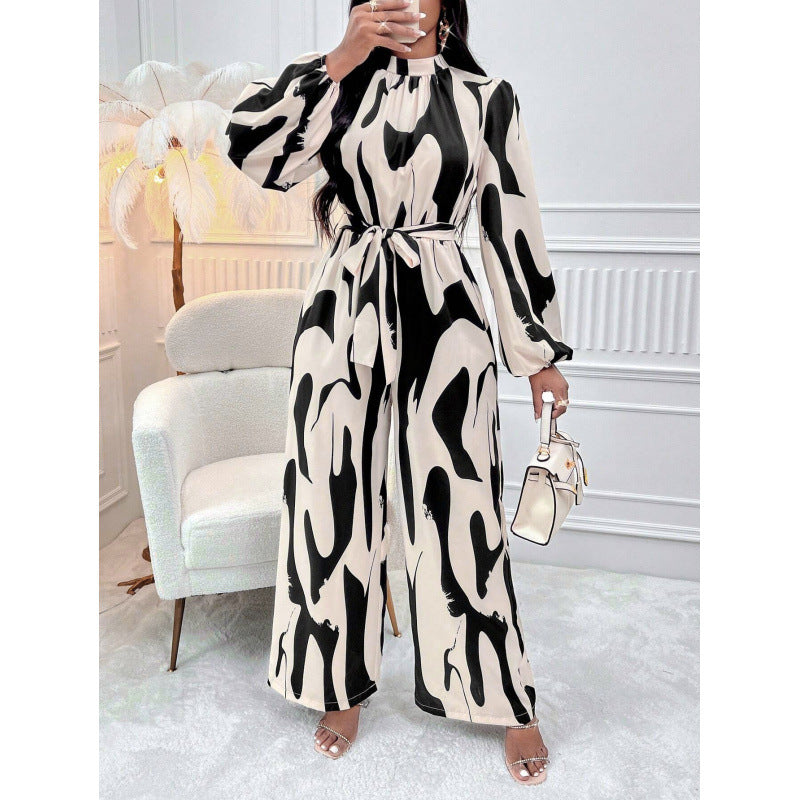 Dame Langærmet-Abstract-Print-Jumpsuit med Taljesnor Stilla