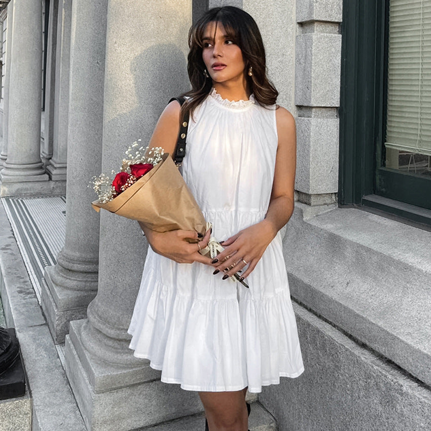 Dame afslappet sommerkjole med voluminøst skørt og højtstående krave Stilla