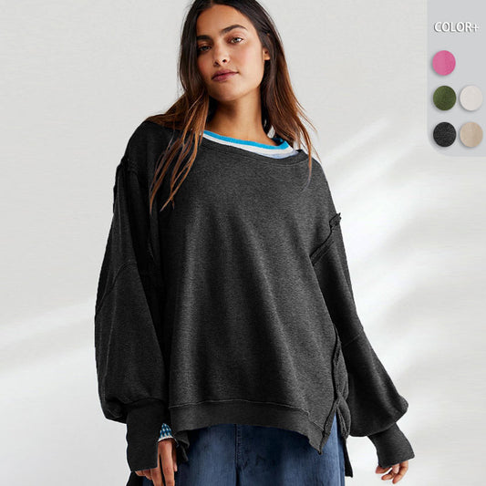Dame afslappet oversized pullover med innovativt snit og fast stof Stilla