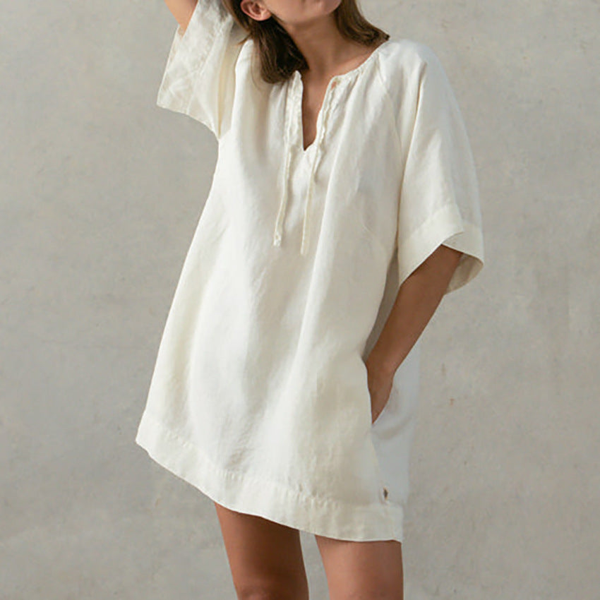 Dame afslappet linnedragt med sidelommer og løs pasform Stilla