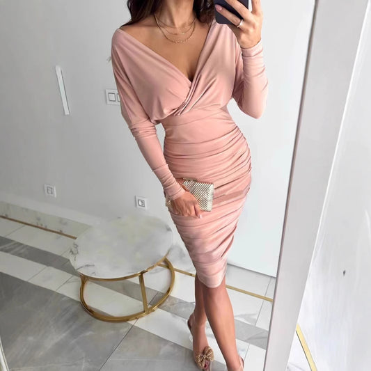 Dame Elegant Draperet Midi Kjole Stilla