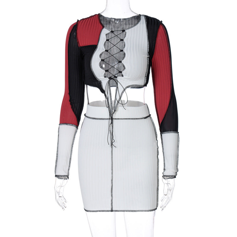 Dame Crop-Top og nederdel sæt med iøjnefaldende kontrastpaneler og snørrelook Stilla