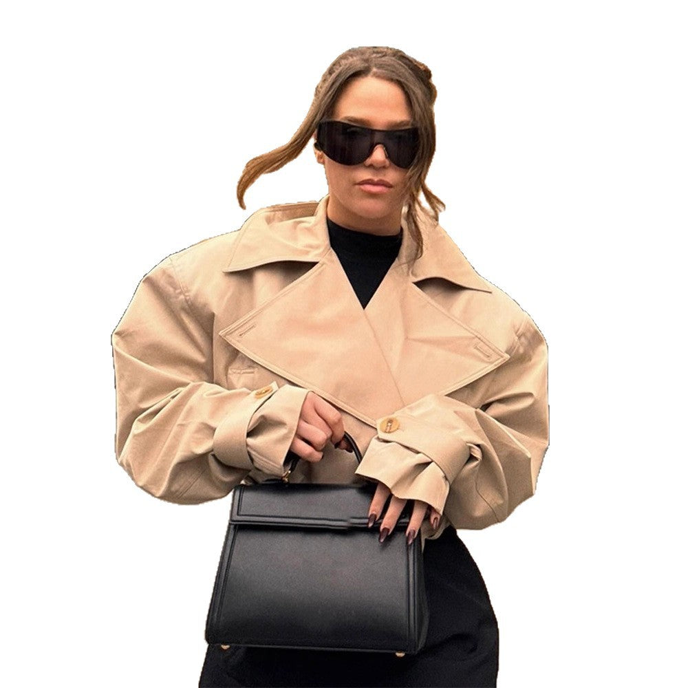 Dame Cropped Trenchcoat med bred revers og talje bælte Stilla