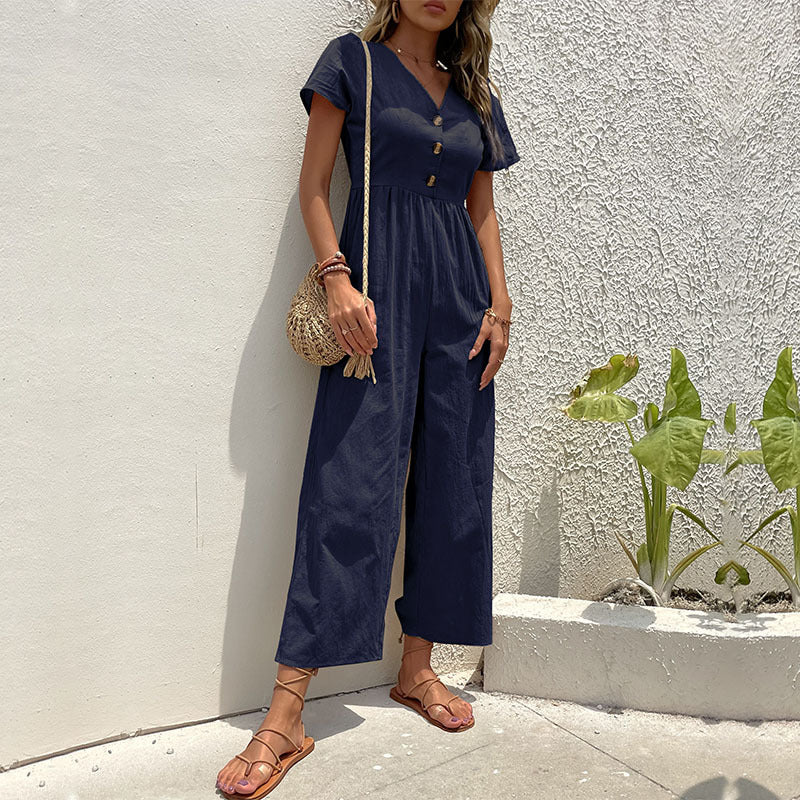 Dame Elegant Knap-Foroven Bredbenet Jumpsuit Stilla