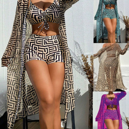 Dame badetøj sæt med luftig cover-up jakke og trendy geometrisk mønster Stilla