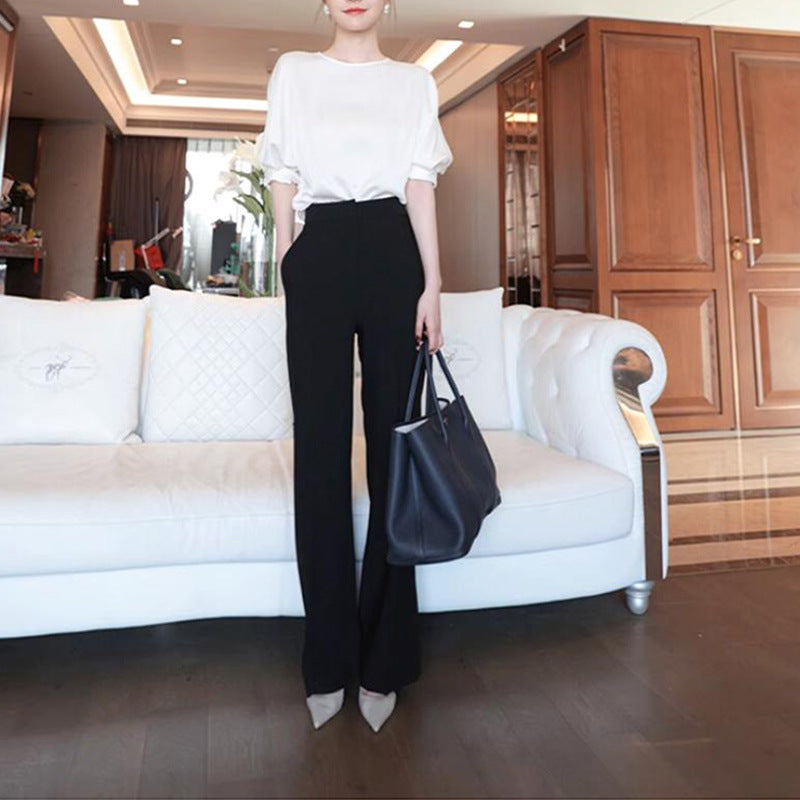 Dame elegant bluse med pufærmer og smalle jakkesætsbukser Stilla