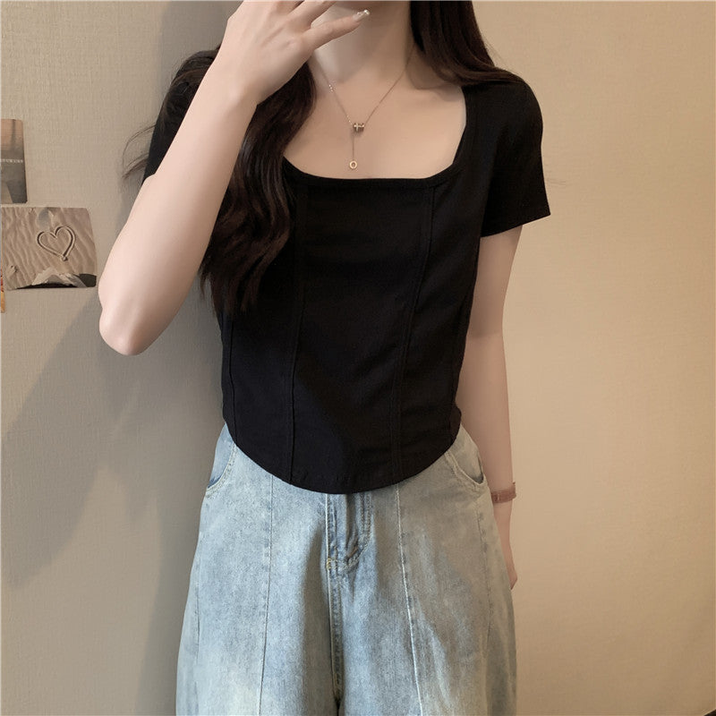 Dame Cropped Fyrkantet Uddybning T-Shirt Stilla