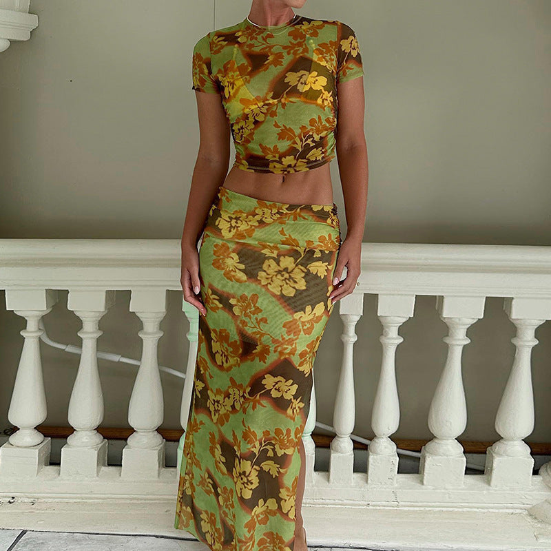 Dame Crop-Top og Maxi-Nederdel Sæt med blomsterprint og elastisk talje Stilla