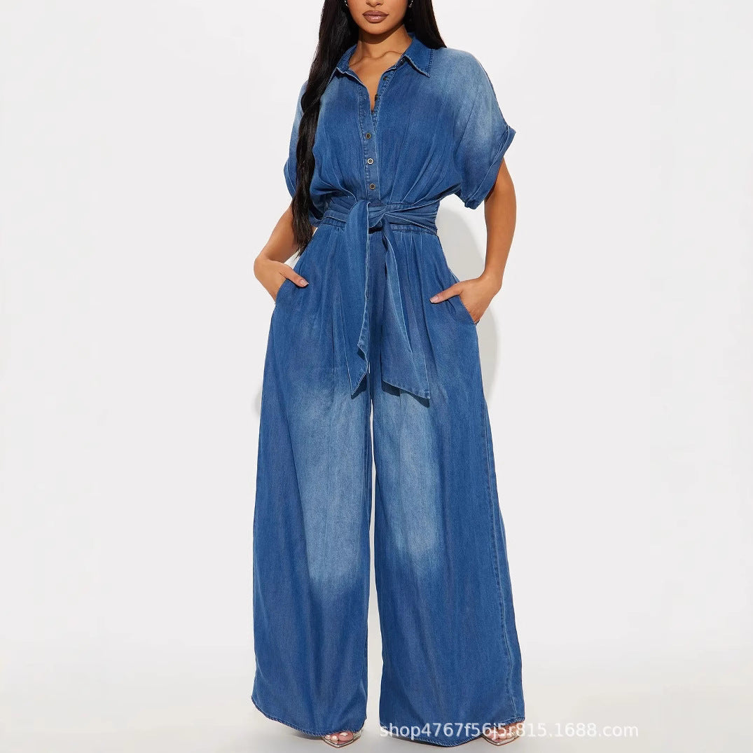 Dame afslappet denim-overall med vidde ben og praktiske lommer Stilla