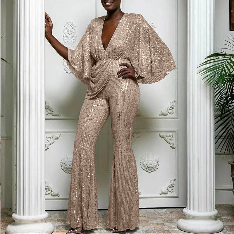Dame Glamourøs Jumpsuit med funklende Palietter og bredt Ben Stilla