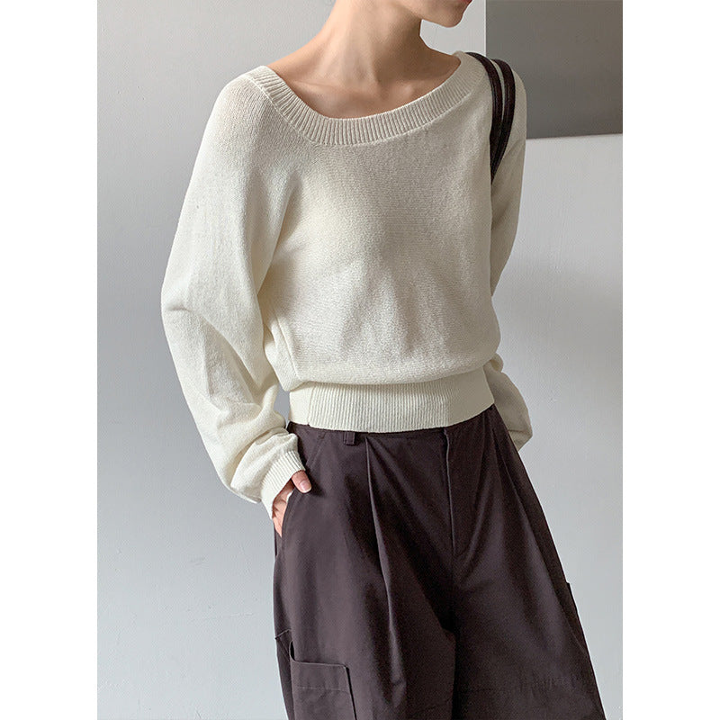 Dame cropped striktrøje med bred rund halsudskæring og balloning ærmer Stilla