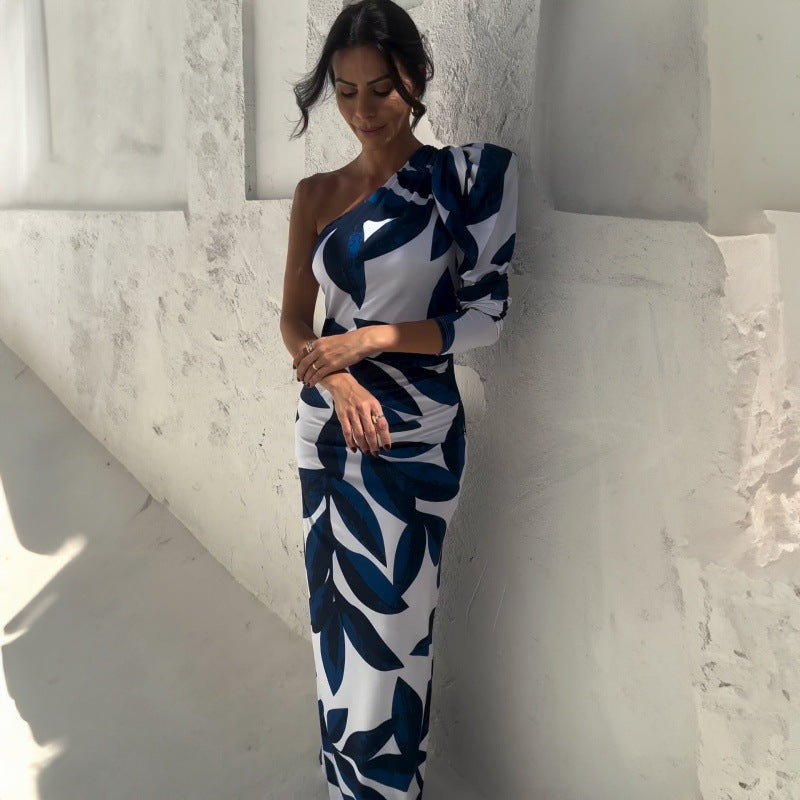 Dame elegant asymmetrisk Maxi-kjole med blomstermotiv og puffærmer Stilla