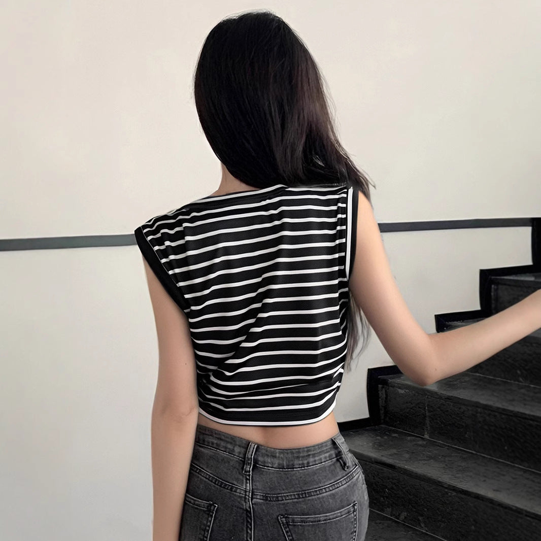 Dame Cropped T-Shirt med vidde ærmer og stribemønster Stilla