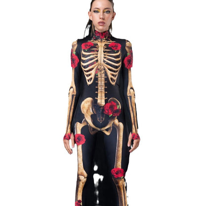 Dame figurtilpasset bodysuit med skelet-design og florale accenter Stilla