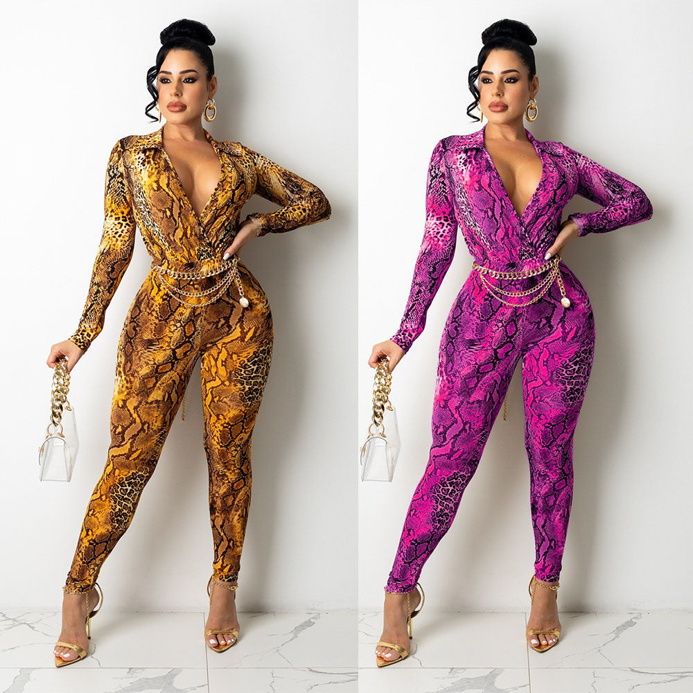 Dame Slangeprint Langærmet Bodysuit Jumpsuit Stilla