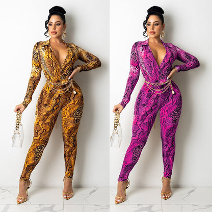 Dame Slangeprint Langærmet Bodysuit Jumpsuit Stilla