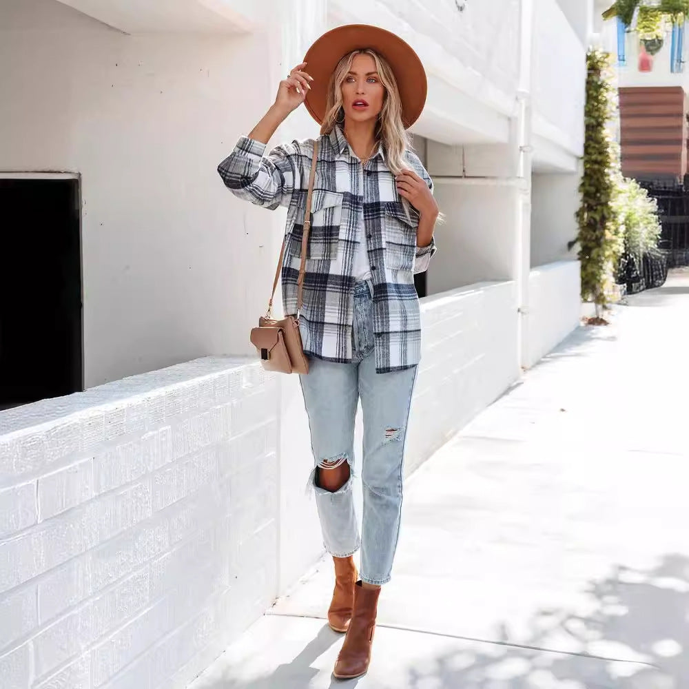 Dame afslappet overskjorte med ternet mønster Stilla