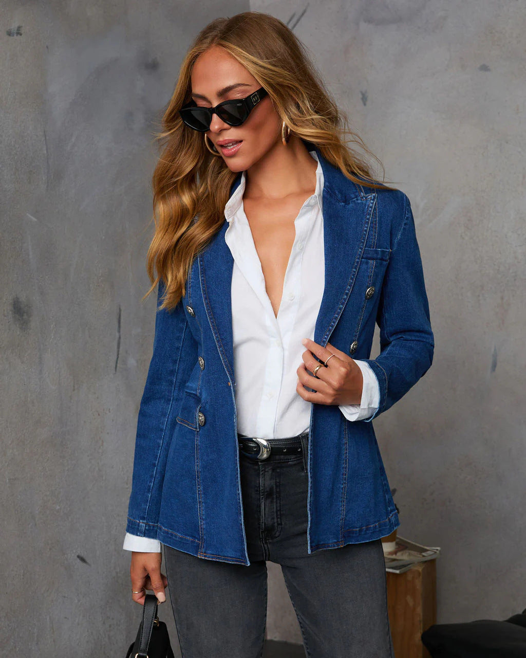 Dame Denim Blazer i elegant dobbeltknapstil Stilla