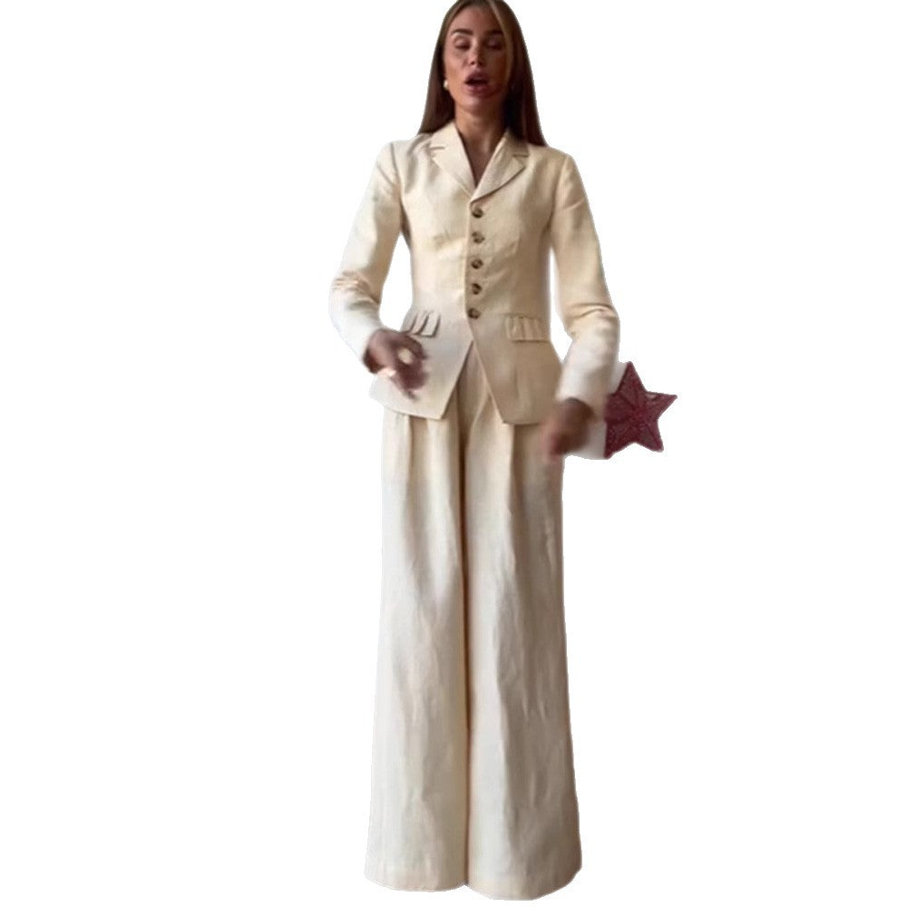 Dame elegant buksedragt sæt med figursyet jakke og bredt skåret bukser Stilla