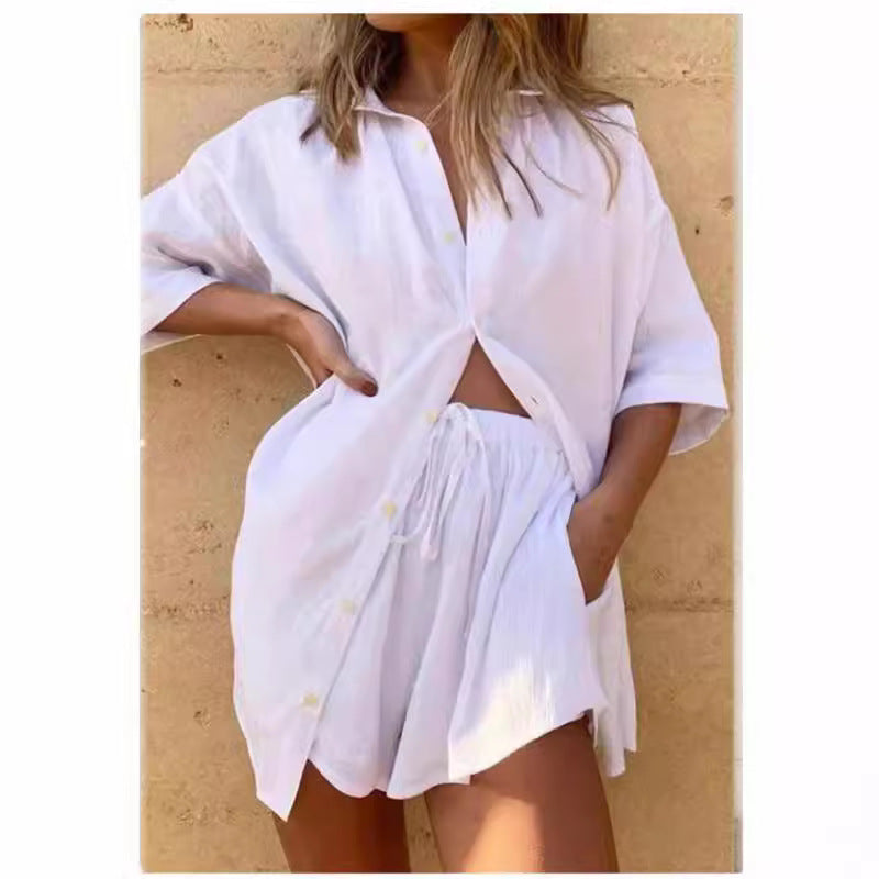 Dame afslappet kortærmet sæt med knapliste og gummizug Stilla