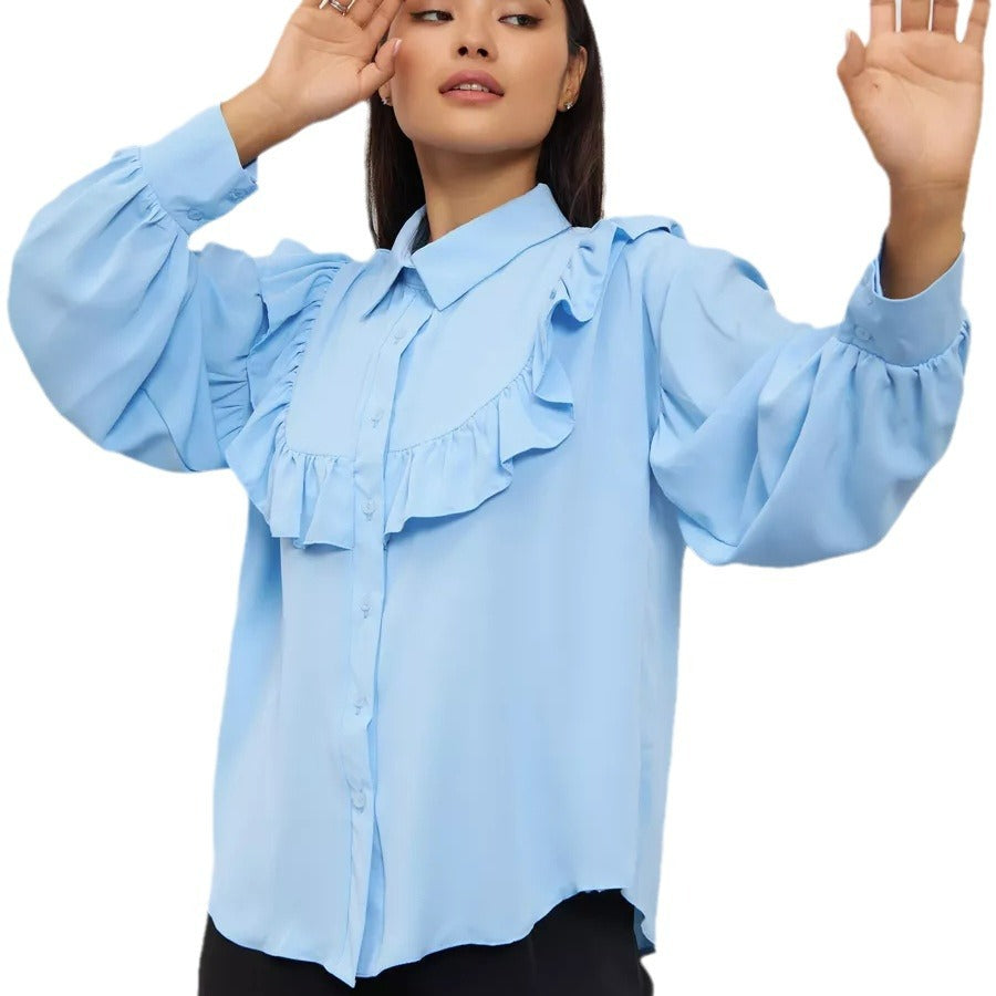 Dame elegant bluse skjorte med flæser og blød bomuldsstof Stilla