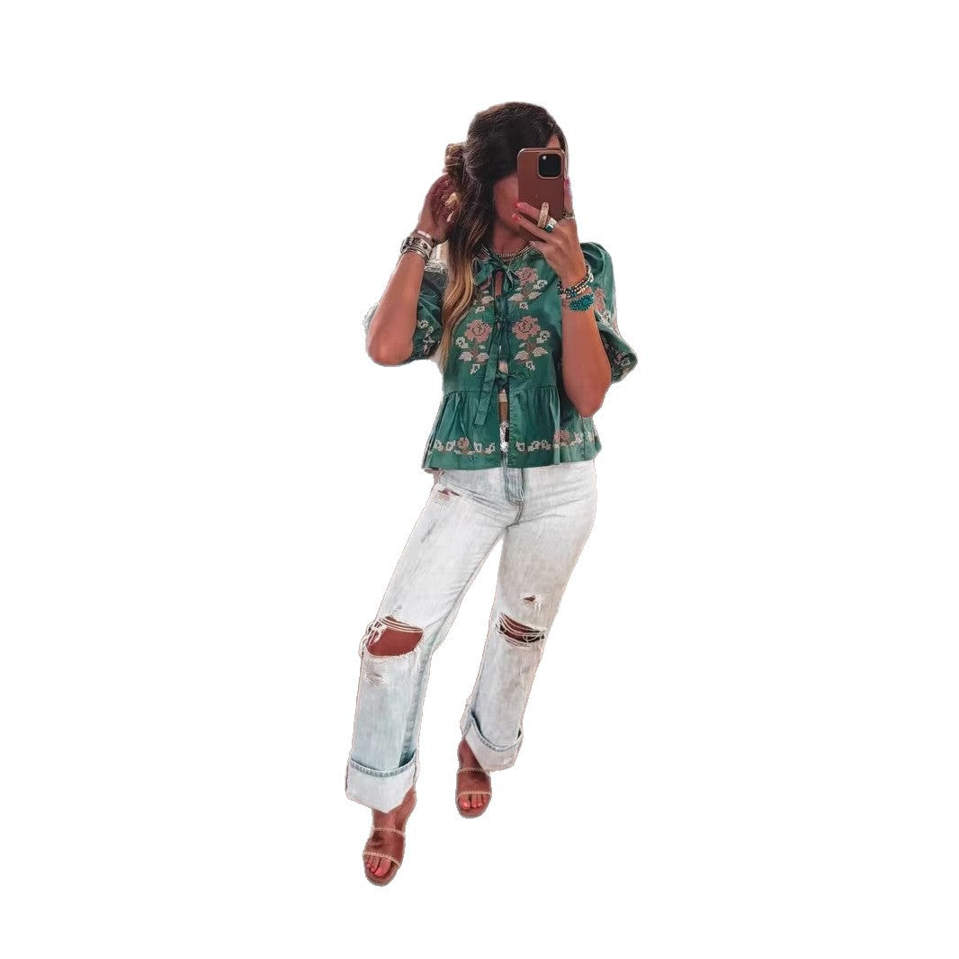 Dame elegant bluse med florale broderier og voluminøse ærmer Stilla