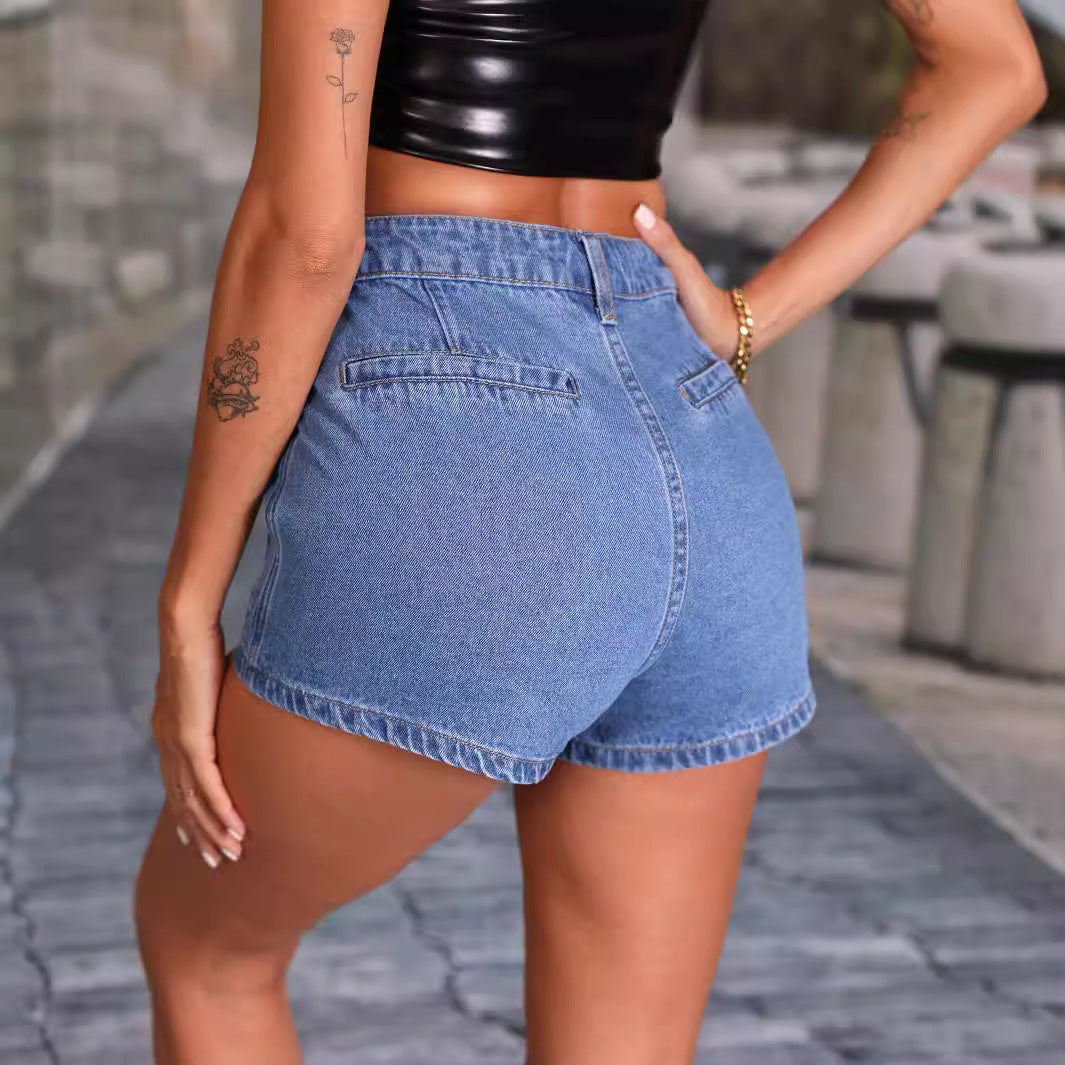 Dame Denim-shorts med praktiske lynlåslommer og høj talje Stilla