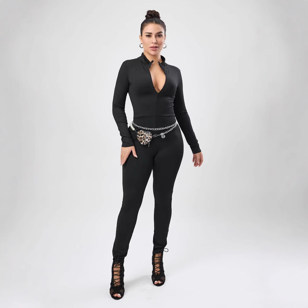 Dame figursyet Jumpsuit med ståkrave og lynlås Stilla