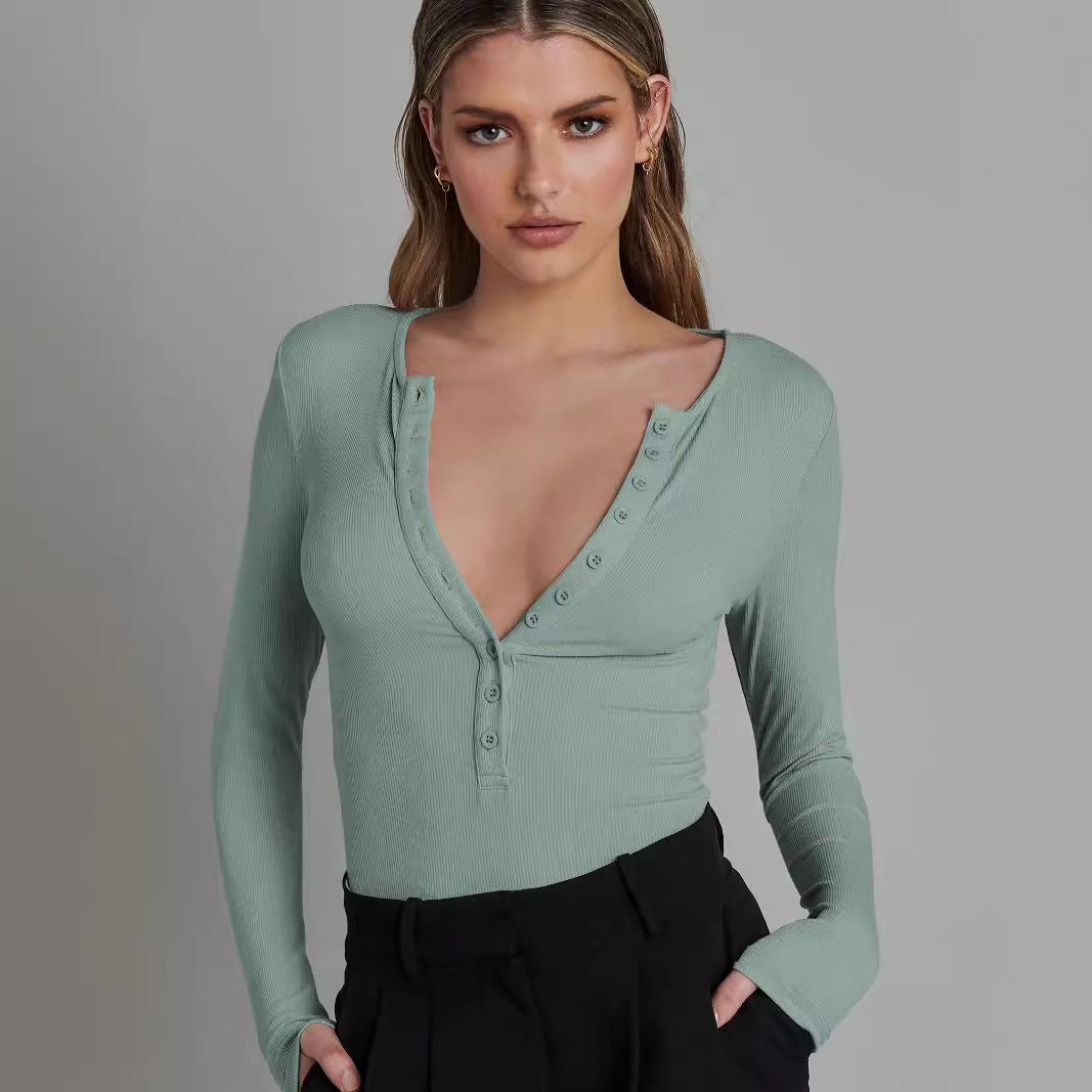 Dame Langærmet Bodysuit med dyb udskæring og knapdetalje Stilla