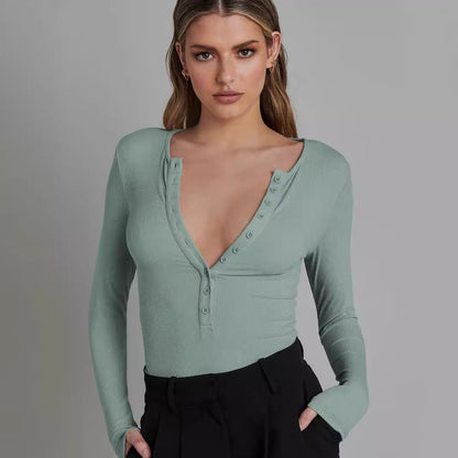 Dame Langærmet Bodysuit med dyb udskæring og knapdetalje Stilla