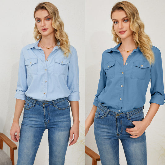 Dame Denim Skjortebluse med brystlommer og casual pasform Stilla
