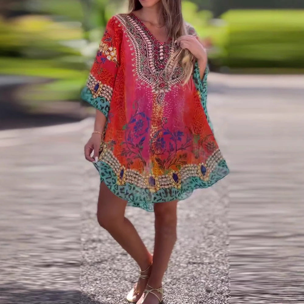 Dame afslappet kaftan kjole med V-udskæring og eksklusive trykmønstre Stilla