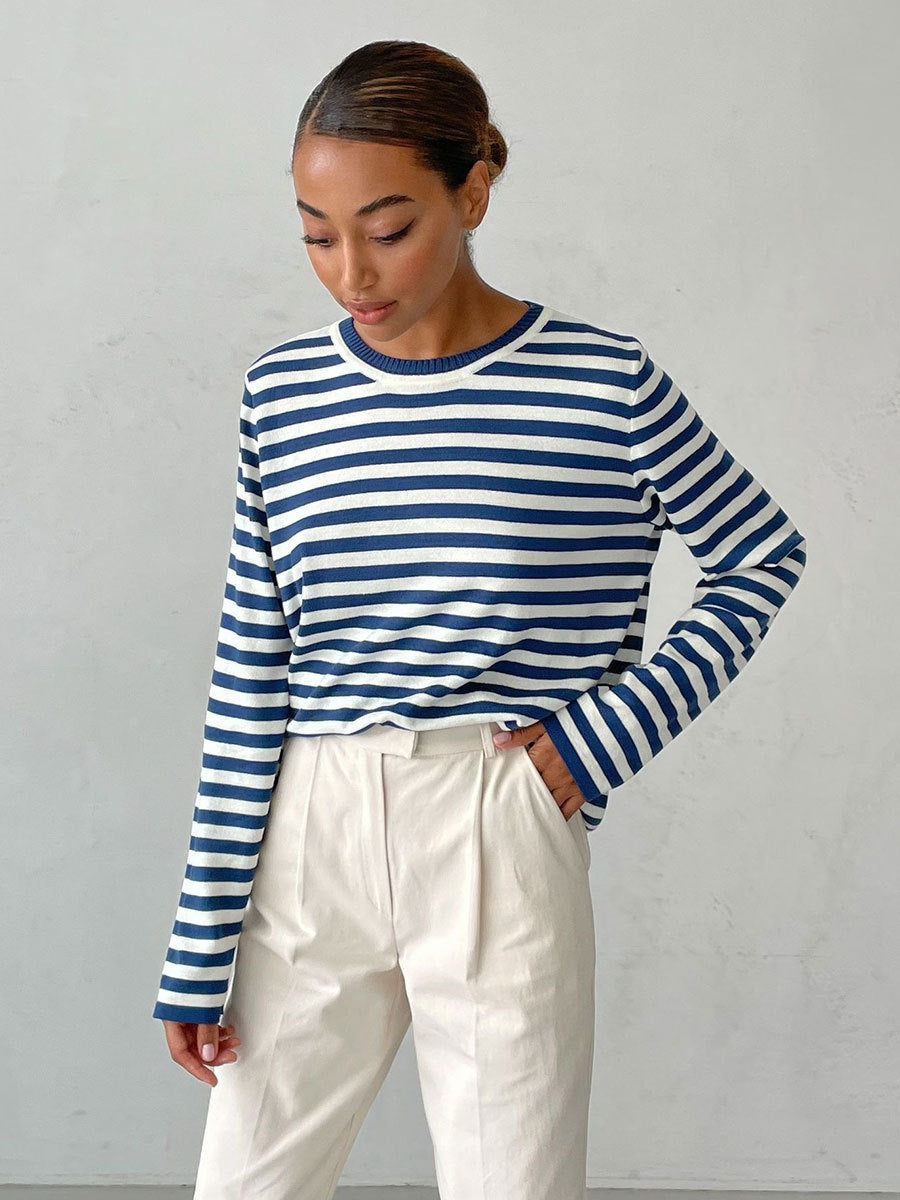 Dame afslappet stribepullover i blødt bomuldsblanding med rund halsudskæring Stilla