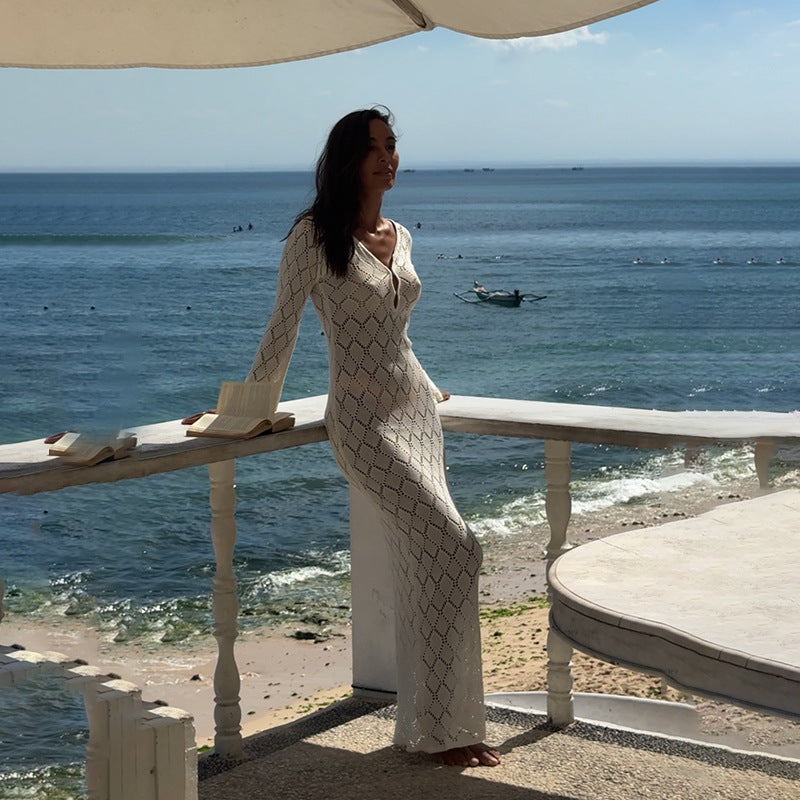 Dame Elegant Åben Strik Maxikjole Stilla