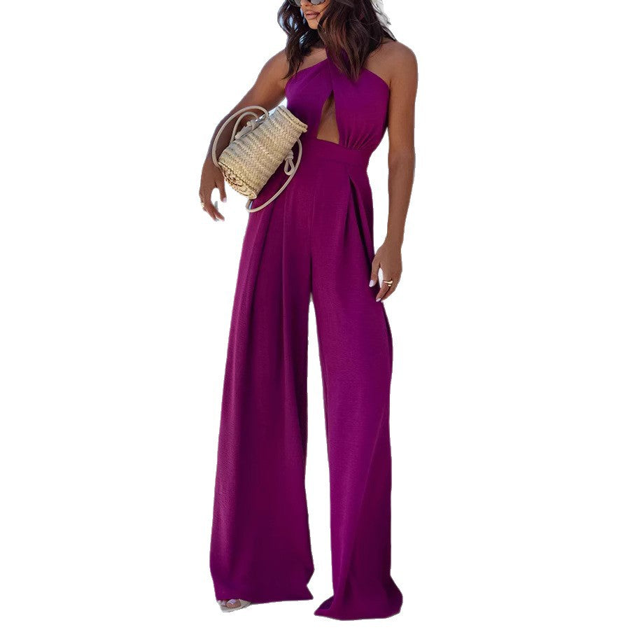 Dame Elegant Jumpsuit med dyb V-hals og bredt ben Stilla