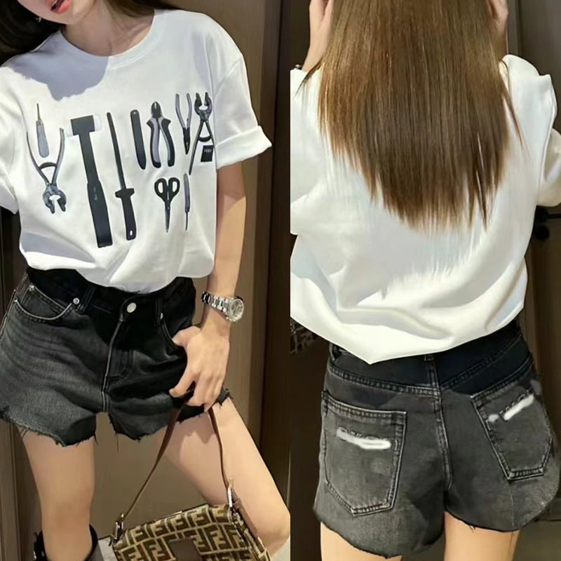 Dame Destroyed Denim-Shorts med høj talje og frynser Stilla