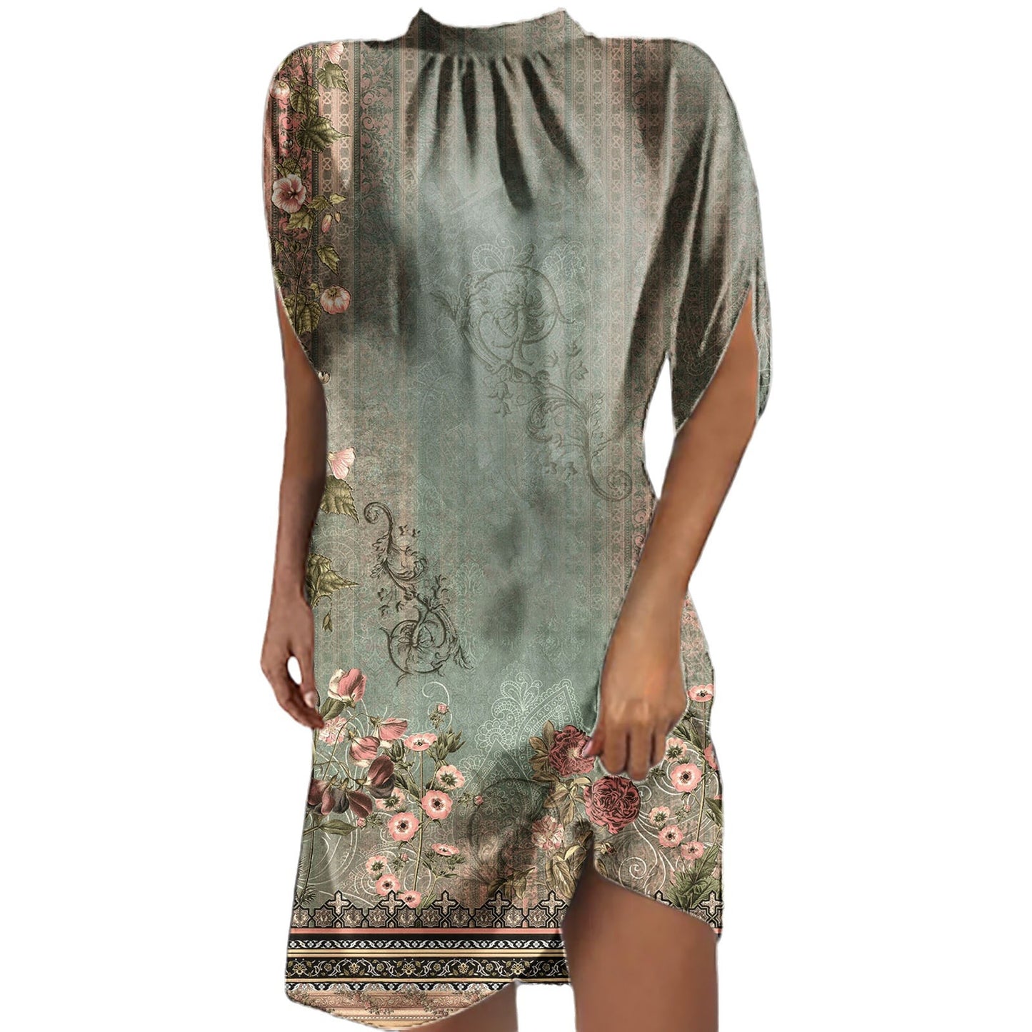 Dame Elegant Høj Hals Blomster Mini Kjole Stilla