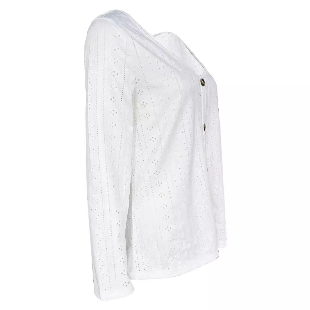 Dame Elegant bluseoverdel med gennemboret struktur og dekorative knapper Stilla