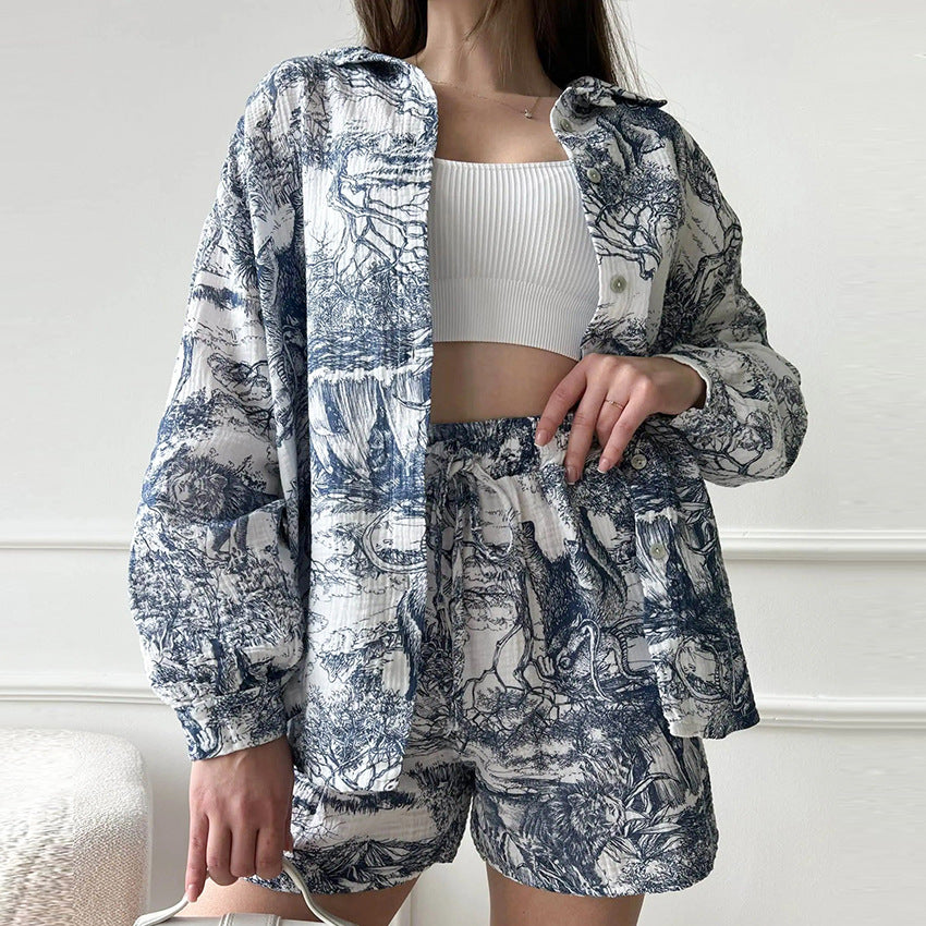 Dame afslappet kortærmet bluse- og shorts-sæt med ekstra overdel Stilla