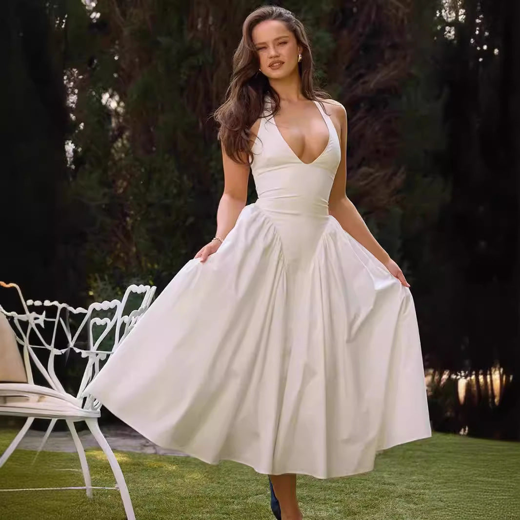 Dame Elegant A-linje kjole med dyb V-udskæring og svingende nederdel Stilla