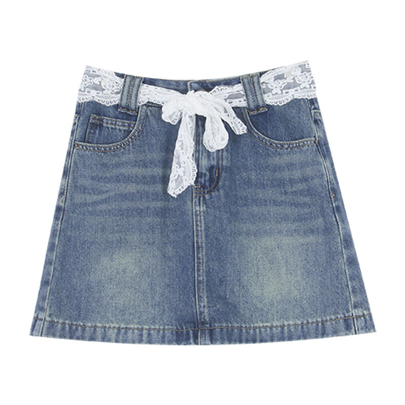 Dame denim-nederdel med dekorativ spidselastik og moderigtigt snit Stilla