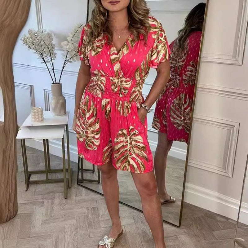 Dame luftig jumpsuit med blomsterdesign og elastisk talje Stilla