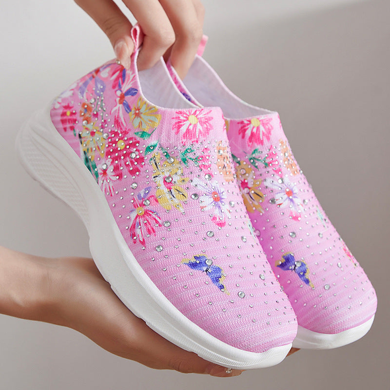 Dame elastiske slip-on sneakers med glitrende detaljer og blomstret design Stilla