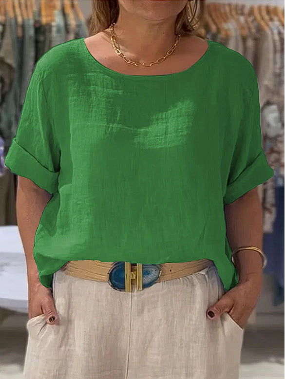 Dame afslappet linenbluse med omslagbare ærmer og elegant rundhalset udskæring Stilla