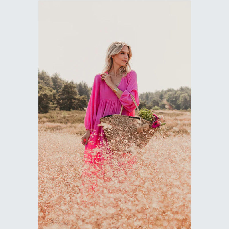 Dame afslappet Maxi-kjole med V-hals og voluminøse ærmer Stilla