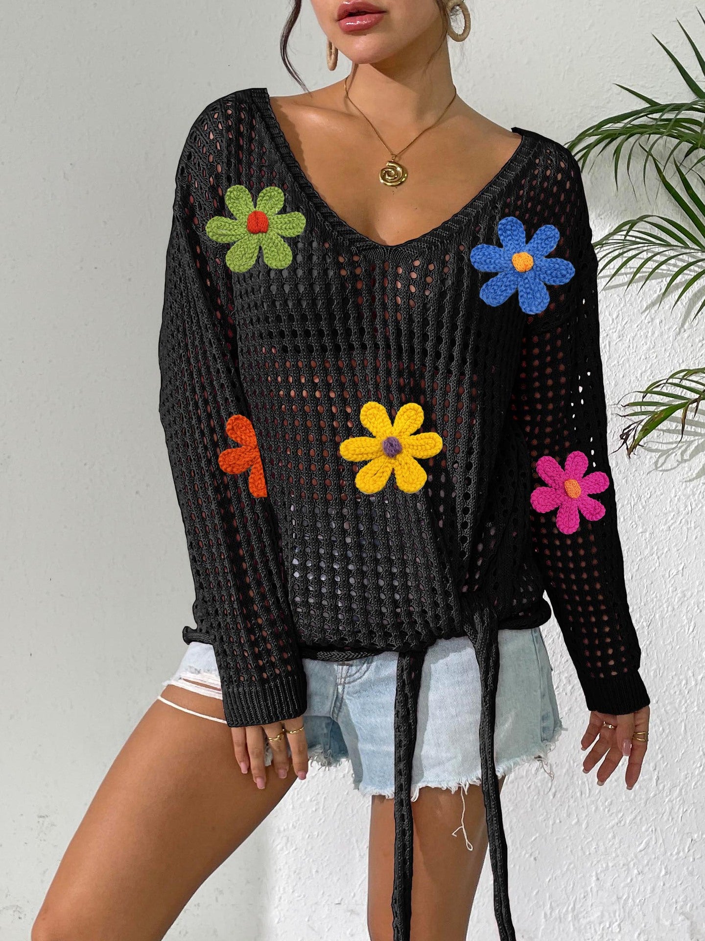 Dame Åben Vævning Floral Strikjakke Stilla