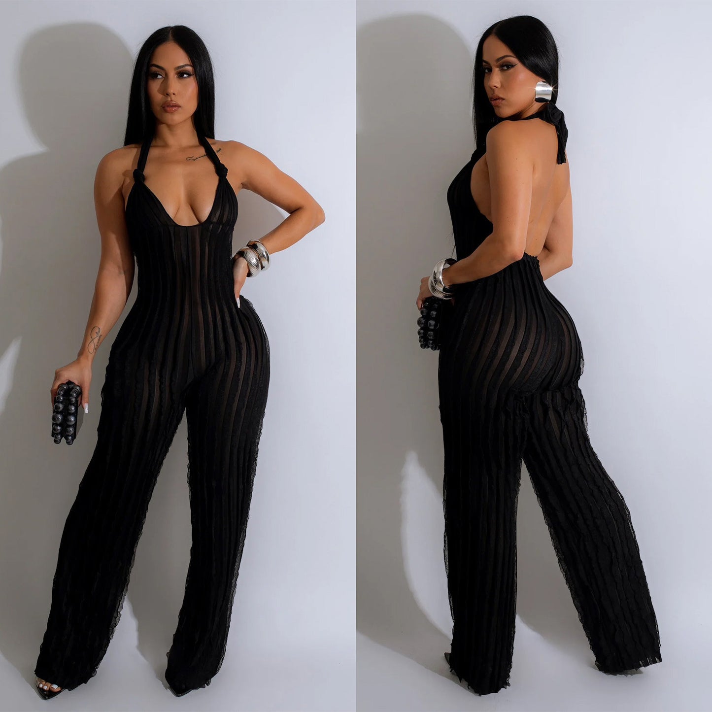 Dame Elegant Jumpsuit med dyb V-udskæring og plisserede detaljer Stilla